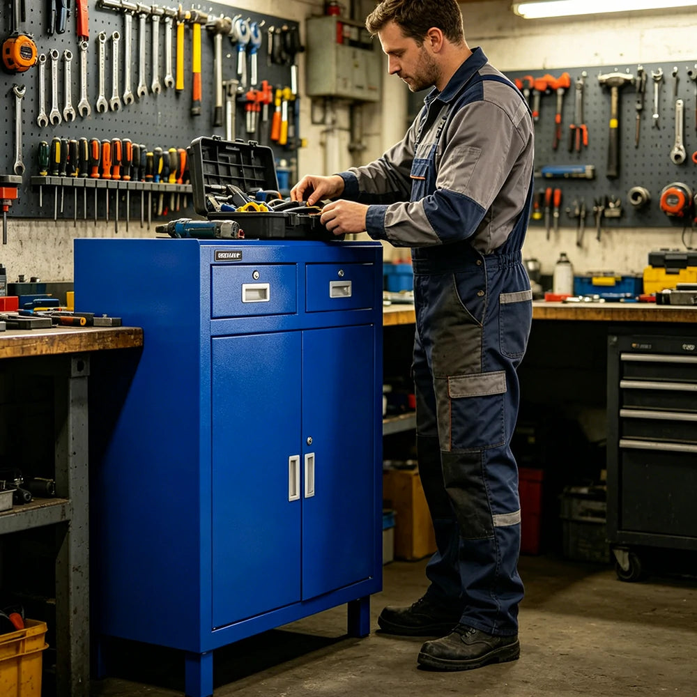 GROVIA Heavy Duty Tool Cabinet with Legs Double Door and Drawers 800x400x1000mm Factory Workshop Storage Cabinet - Blue