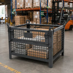 GROVIA 105cm Heavy-Duty Steel Storage Container Stackable Forklift Compatible Reinforced Mesh for Warehouse Factory Logistics - Grey