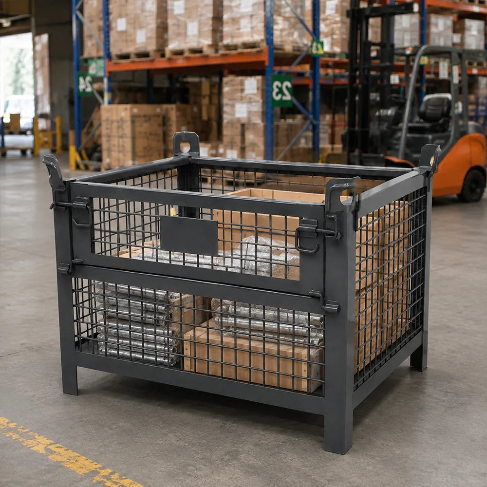 GROVIA 105cm Heavy-Duty Steel Storage Container Stackable Forklift Compatible Reinforced Mesh for Warehouse Factory Logistics - Grey