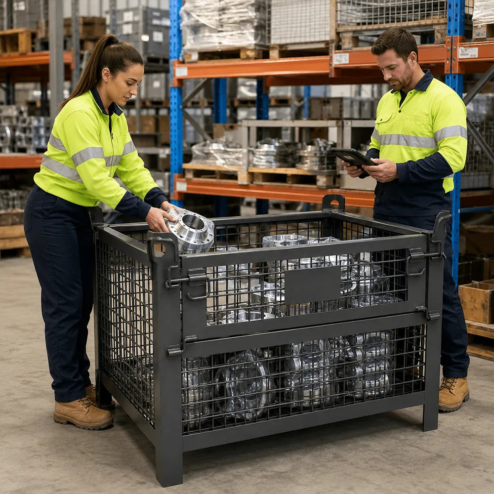 GROVIA 105cm Heavy-Duty Steel Storage Container Stackable Forklift Compatible Reinforced Mesh for Warehouse Factory Logistics - Grey