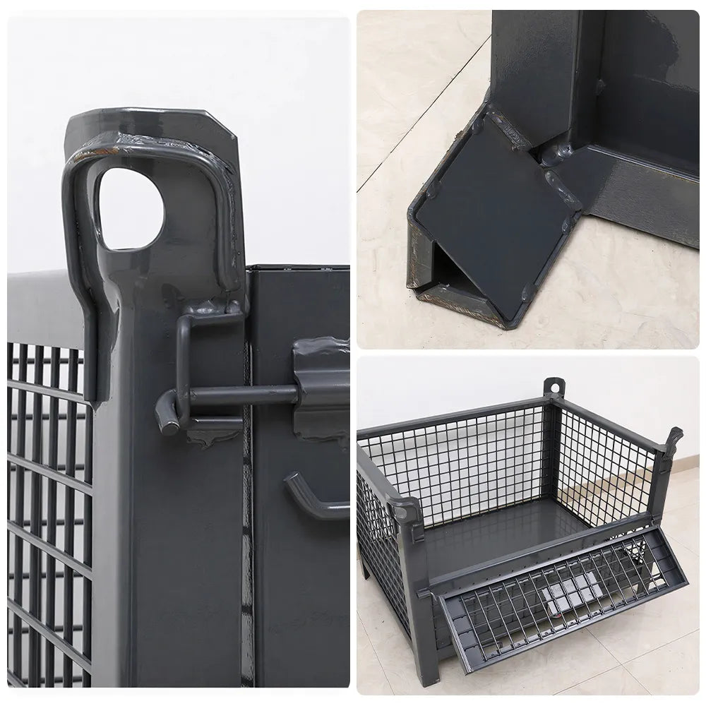 GROVIA 105cm Heavy-Duty Steel Storage Container Stackable Forklift Compatible Reinforced Mesh for Warehouse Factory Logistics - Grey