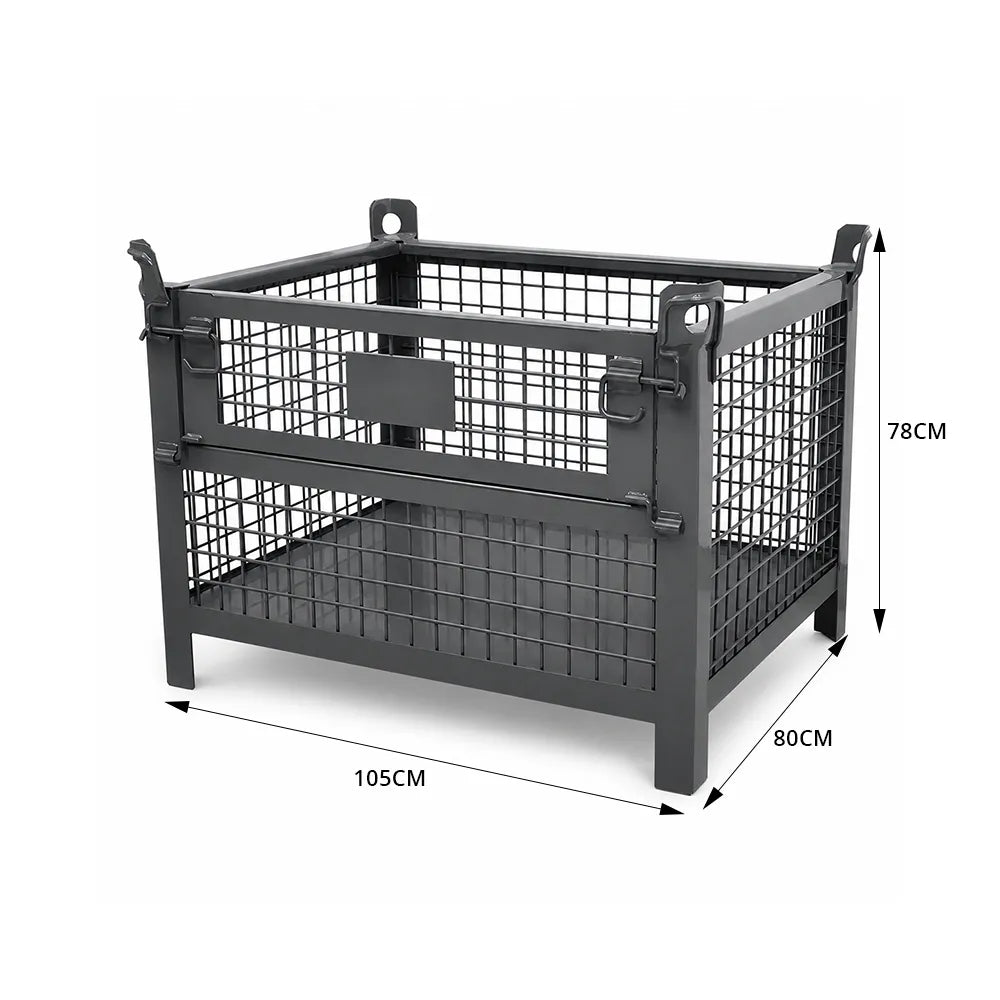 GROVIA 105cm Heavy-Duty Steel Storage Container Stackable Forklift Compatible Reinforced Mesh for Warehouse Factory Logistics - Grey