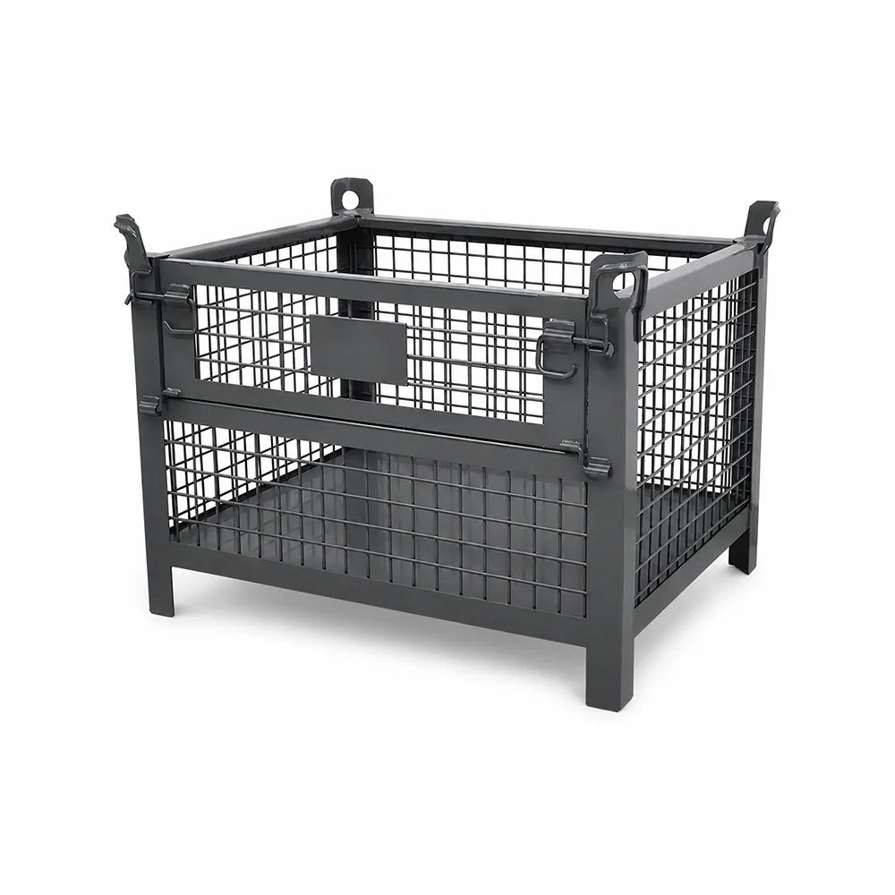 GROVIA 105cm Heavy-Duty Steel Storage Container Stackable Forklift Compatible Reinforced Mesh for Warehouse Factory Logistics - Grey