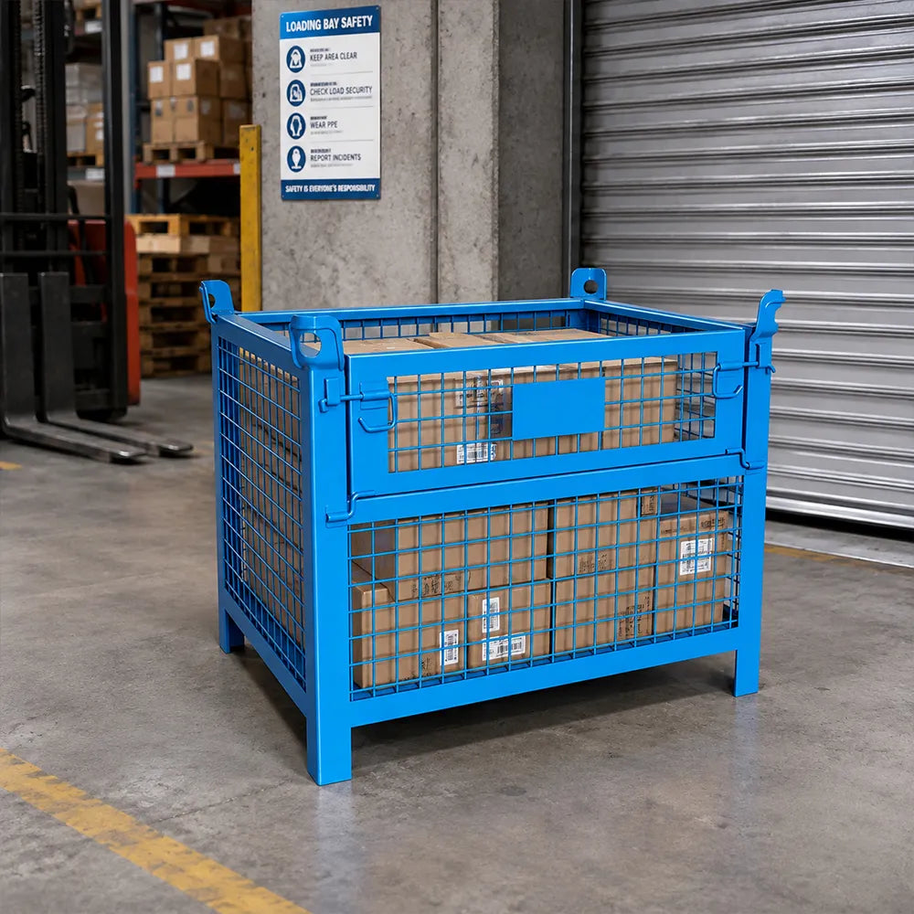 GROVIA 105cm Heavy-Duty Steel Storage Container Stackable Forklift Compatible Reinforced Mesh for Warehouse Factory Logistics - Blue