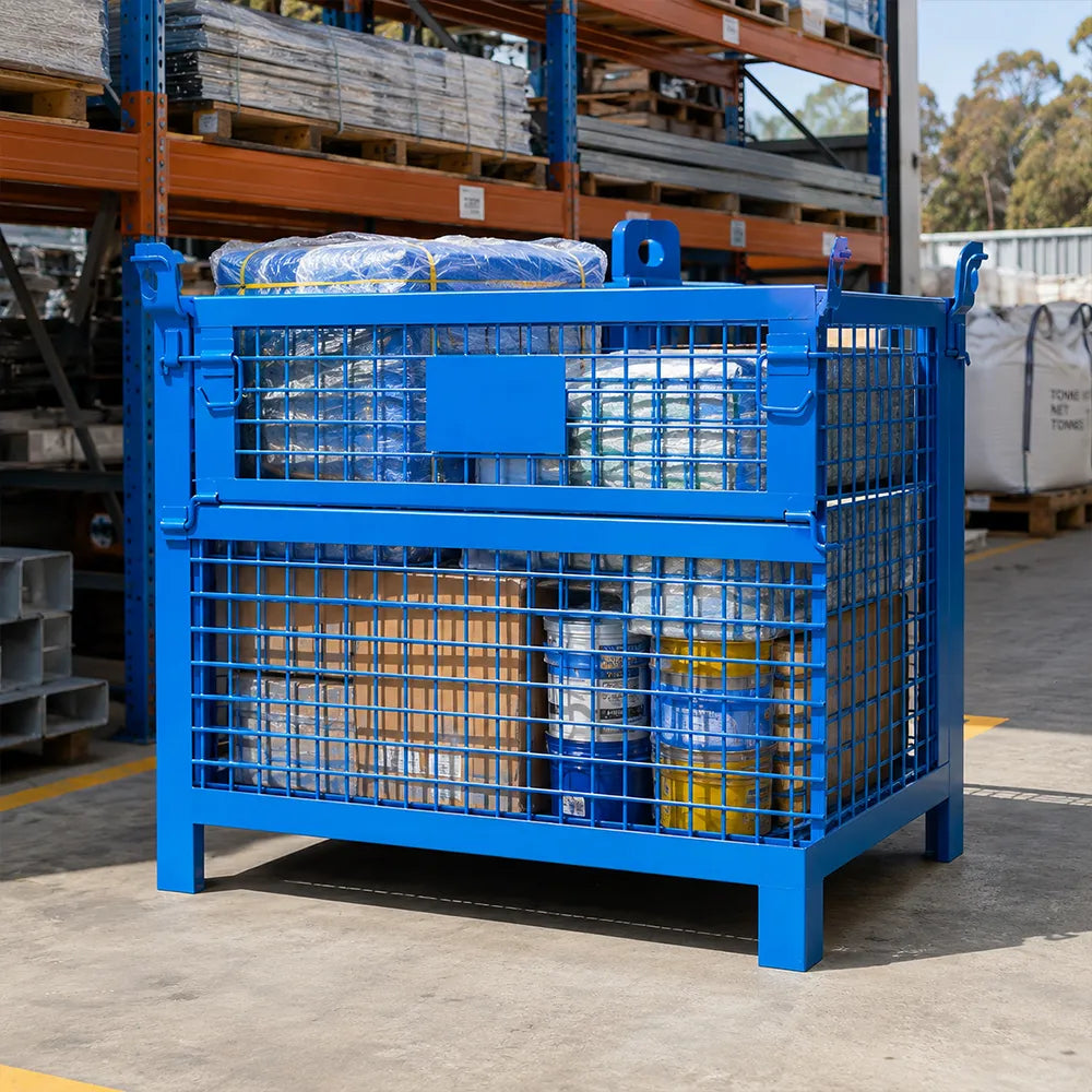 GROVIA 105cm Heavy-Duty Steel Storage Container Stackable Forklift Compatible Reinforced Mesh for Warehouse Factory Logistics - Blue