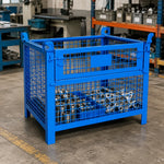 GROVIA 105cm Heavy-Duty Steel Storage Container Stackable Forklift Compatible Reinforced Mesh for Warehouse Factory Logistics - Blue