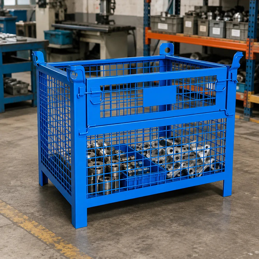 GROVIA 105cm Heavy-Duty Steel Storage Container Stackable Forklift Compatible Reinforced Mesh for Warehouse Factory Logistics - Blue