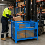 GROVIA 105cm Heavy-Duty Steel Storage Container Stackable Forklift Compatible Reinforced Mesh for Warehouse Factory Logistics - Blue