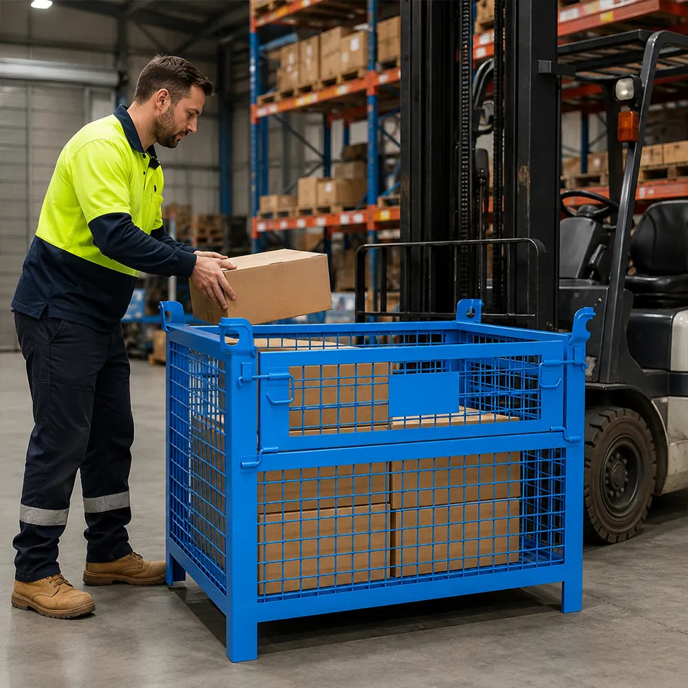 GROVIA 105cm Heavy-Duty Steel Storage Container Stackable Forklift Compatible Reinforced Mesh for Warehouse Factory Logistics - Blue