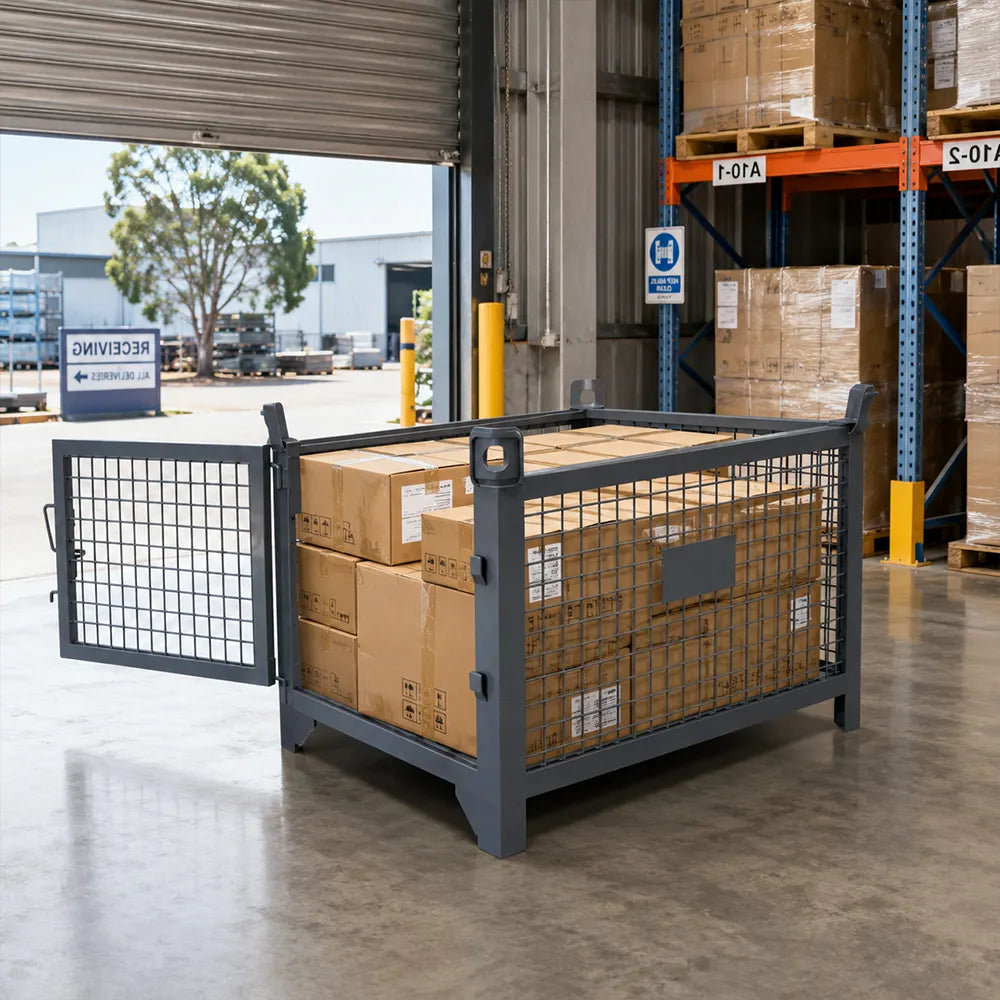 GROVIA 105cm Industrial Steel Mesh Storage Cage High Load Capacity Anti-Corrosion Finish for Warehouse Metal Parts Storage - Grey