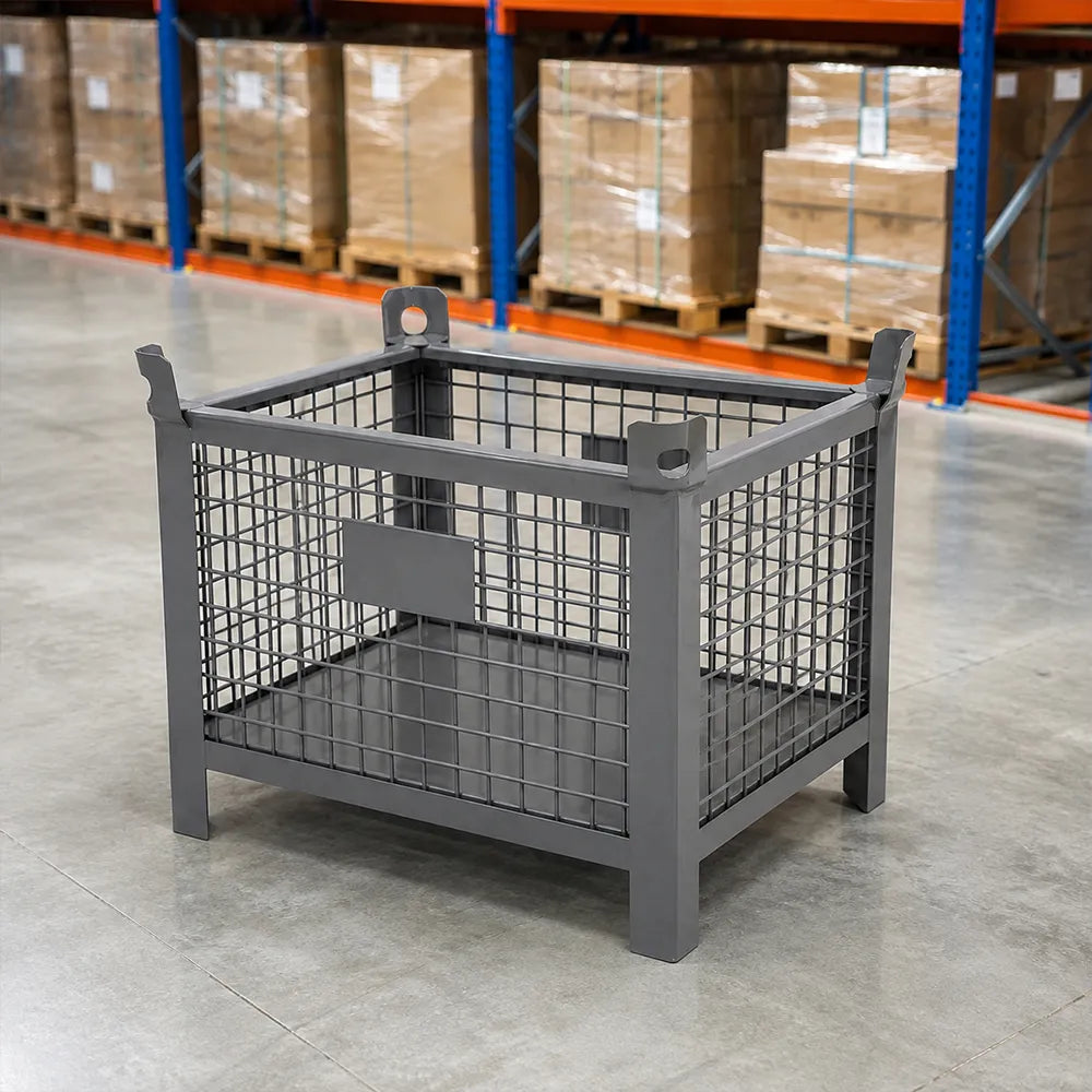 GROVIA 80cm Industrial Steel Mesh Storage Cage High Load Capacity Anti-Corrosion Finish for Warehouse Metal Parts Storage - Grey