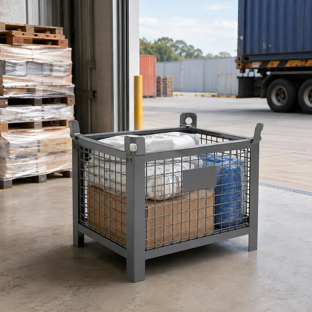 GROVIA 80cm Industrial Steel Mesh Storage Cage High Load Capacity Anti-Corrosion Finish for Warehouse Metal Parts Storage - Grey