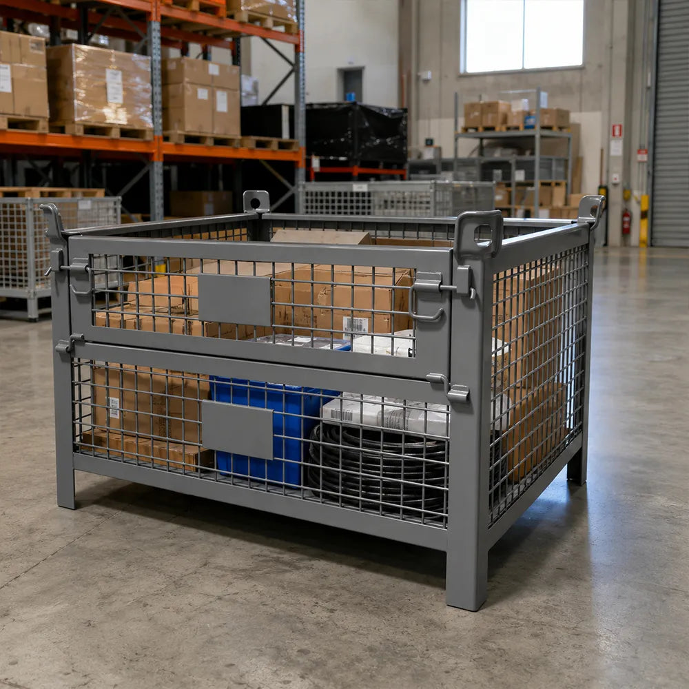 GROVIA 120cm Industrial Steel Mesh Storage Cage High Load Capacity Anti-Corrosion Finish for Warehouse Metal Parts Storage - Grey
