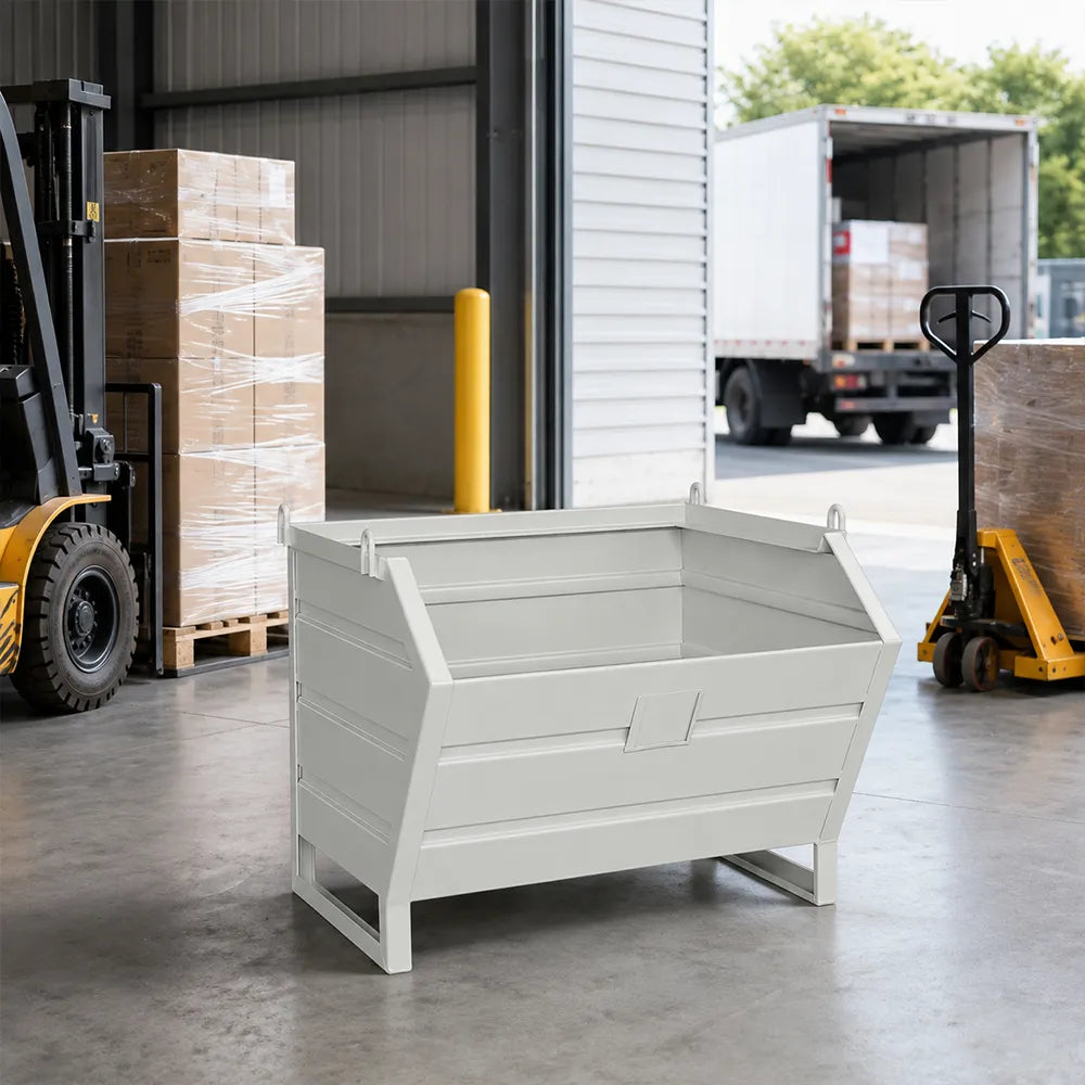 GROVIA Heavy-Duty Steel Storage Container Half-Door Stackable Forklift Compatible 80cm for Warehouse Factory Logistics - White