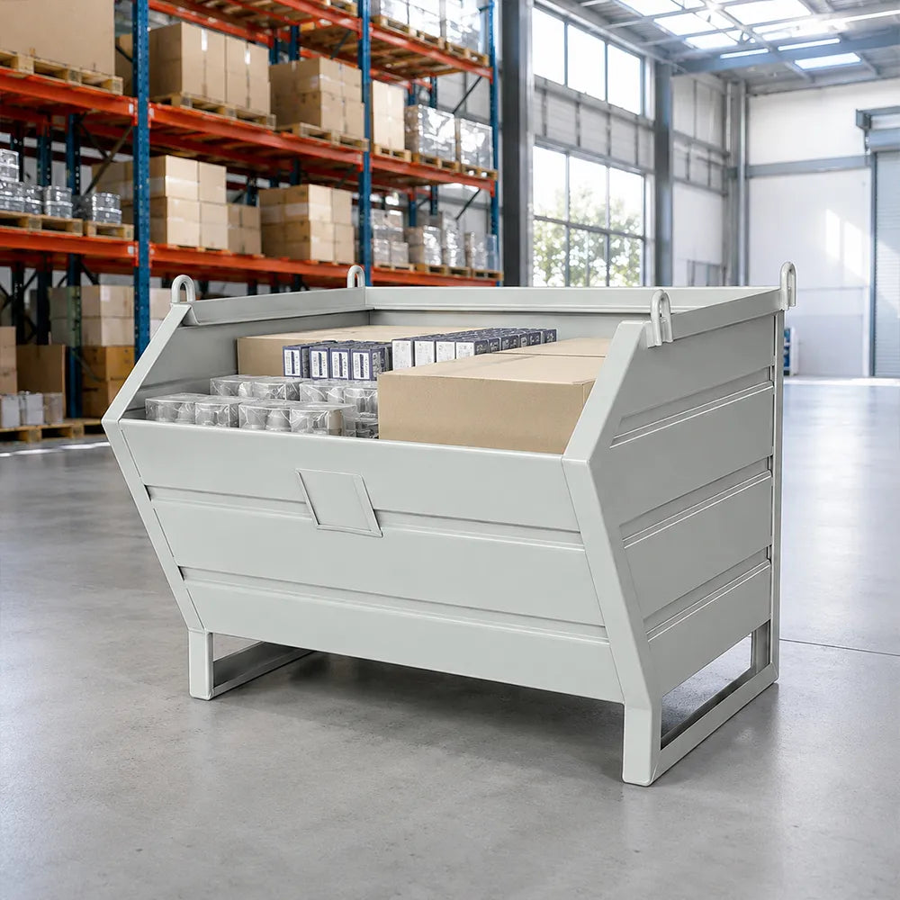 GROVIA Heavy-Duty Steel Storage Container Half-Door Stackable Forklift Compatible 80cm for Warehouse Factory Logistics - White