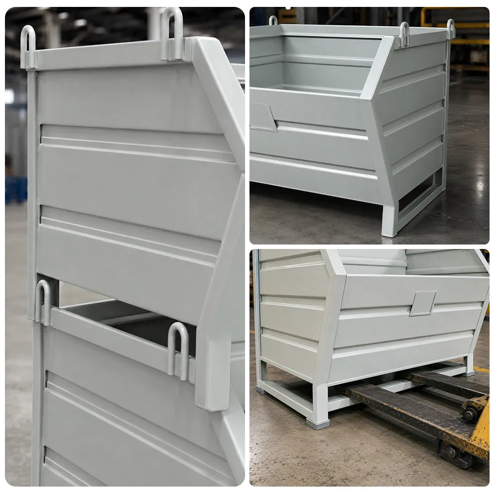 GROVIA Heavy-Duty Steel Storage Container Half-Door Stackable Forklift Compatible 80cm for Warehouse Factory Logistics - White