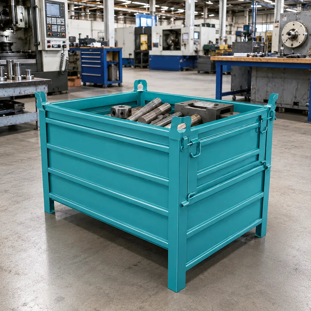 GROVIA Heavy-Duty Steel Storage Container Half-Door Stackable Forklift Compatible 100cm for Warehouse Factory Logistics - Blue