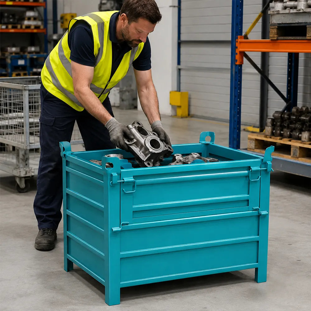 GROVIA Heavy-Duty Steel Storage Container Half-Door Stackable Forklift Compatible 100cm for Warehouse Factory Logistics - Blue