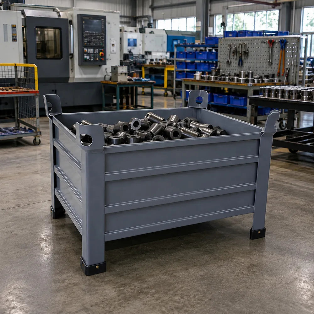 GROVIA Industrial Steel Storage Cage Reinforced Frame High Load Capacity Stackable Design 80cm for Warehouse Manufacturing - Grey