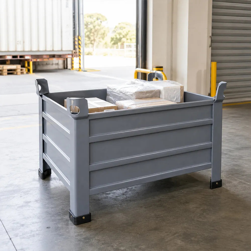 GROVIA Industrial Steel Storage Cage Reinforced Frame High Load Capacity Stackable Design 80cm for Warehouse Manufacturing - Grey