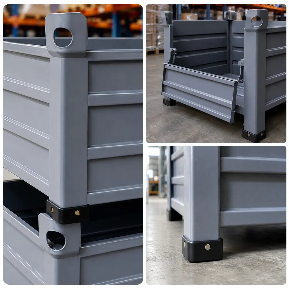 GROVIA Industrial Steel Storage Cage Reinforced Frame High Load Capacity Stackable Design 80cm for Warehouse Manufacturing - Grey