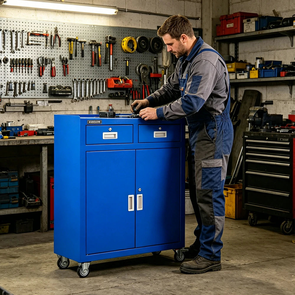 GROVIA Heavy Duty Tool Cabinet with Drawers and Castors 800x400x1000mm Workshop Storage - Blue