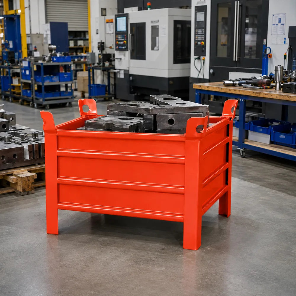 GROVIA Industrial Steel Storage Cage Reinforced Frame High Load Capacity Stackable Design 80cm for Warehouse Manufacturing - Orange