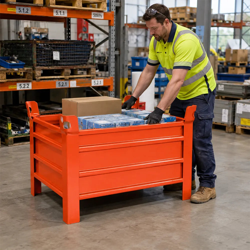 GROVIA Industrial Steel Storage Cage Reinforced Frame High Load Capacity Stackable Design 80cm for Warehouse Manufacturing - Orange