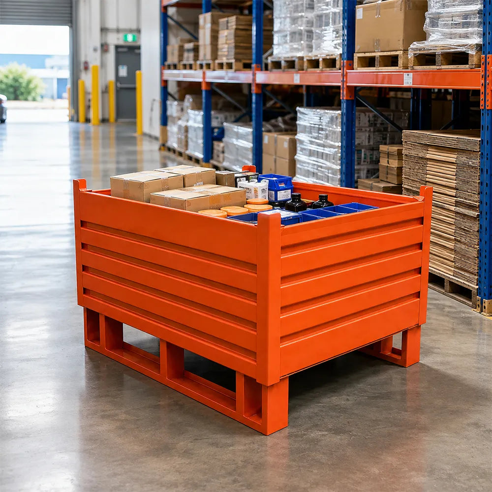 GROVIA Industrial Steel Storage Cage Reinforced Frame High Load Capacity Stackable Design 120cm for Warehouse Manufacturing - Orange