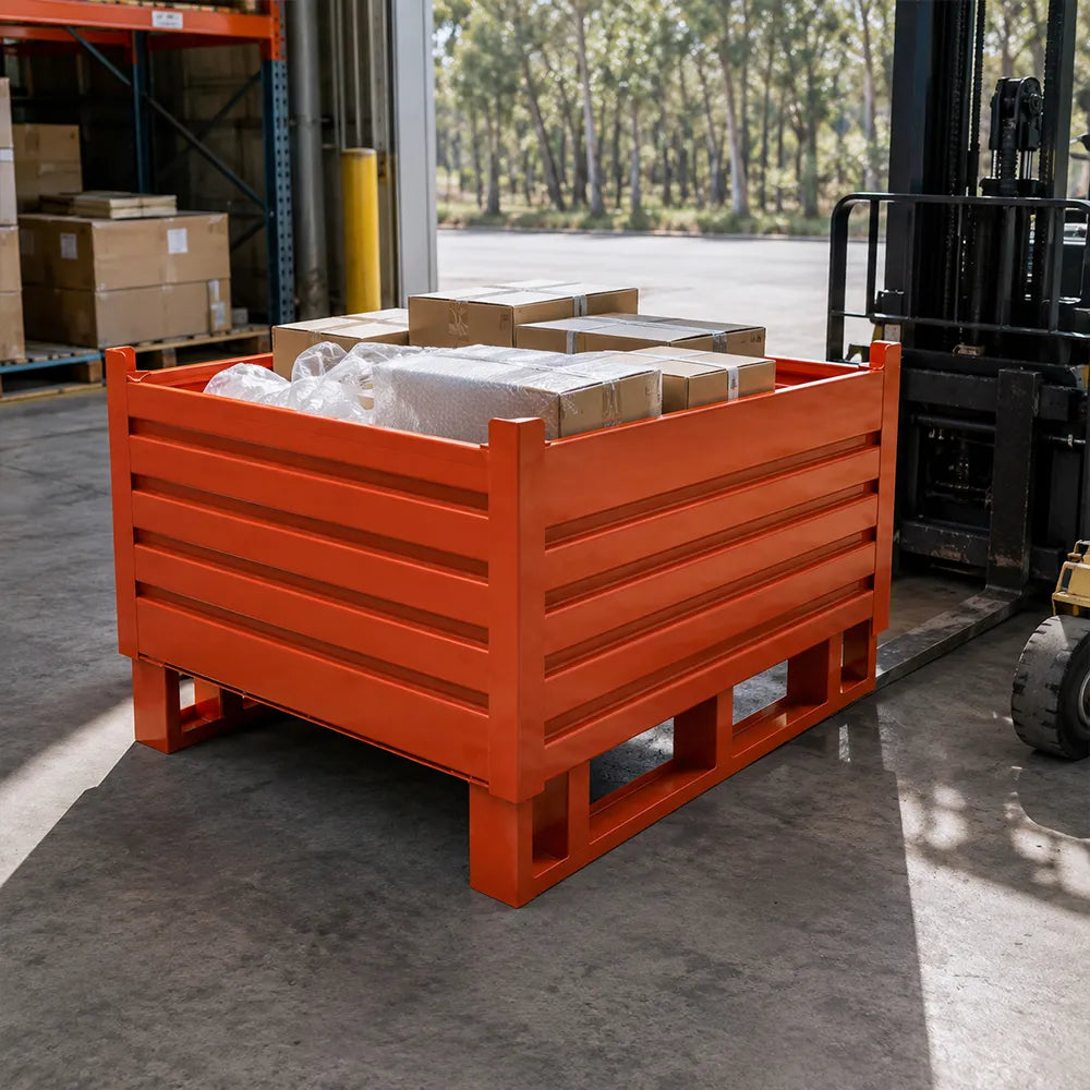 GROVIA Industrial Steel Storage Cage Reinforced Frame High Load Capacity Stackable Design 120cm for Warehouse Manufacturing - Orange
