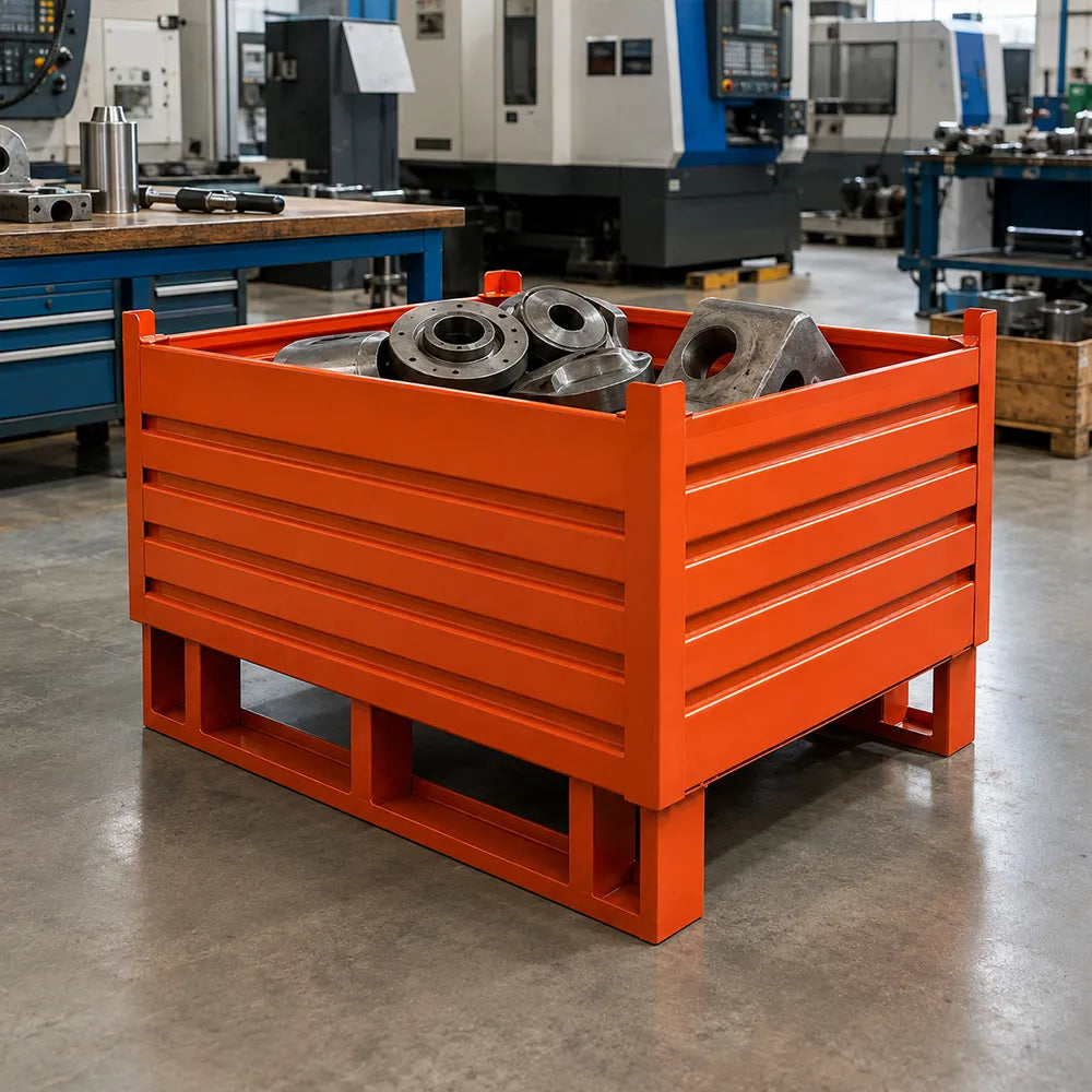 GROVIA Industrial Steel Storage Cage Reinforced Frame High Load Capacity Stackable Design 120cm for Warehouse Manufacturing - Orange