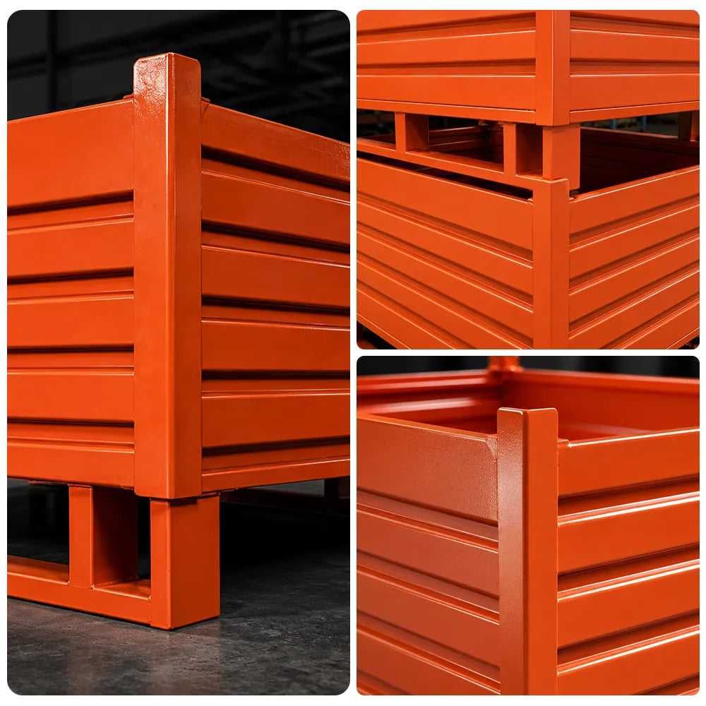GROVIA Industrial Steel Storage Cage Reinforced Frame High Load Capacity Stackable Design 120cm for Warehouse Manufacturing - Orange