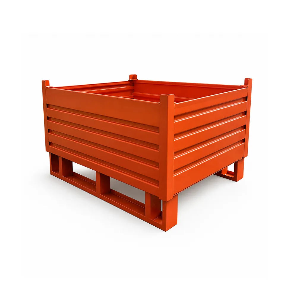 GROVIA Industrial Steel Storage Cage Reinforced Frame High Load Capacity Stackable Design 120cm for Warehouse Manufacturing - Orange