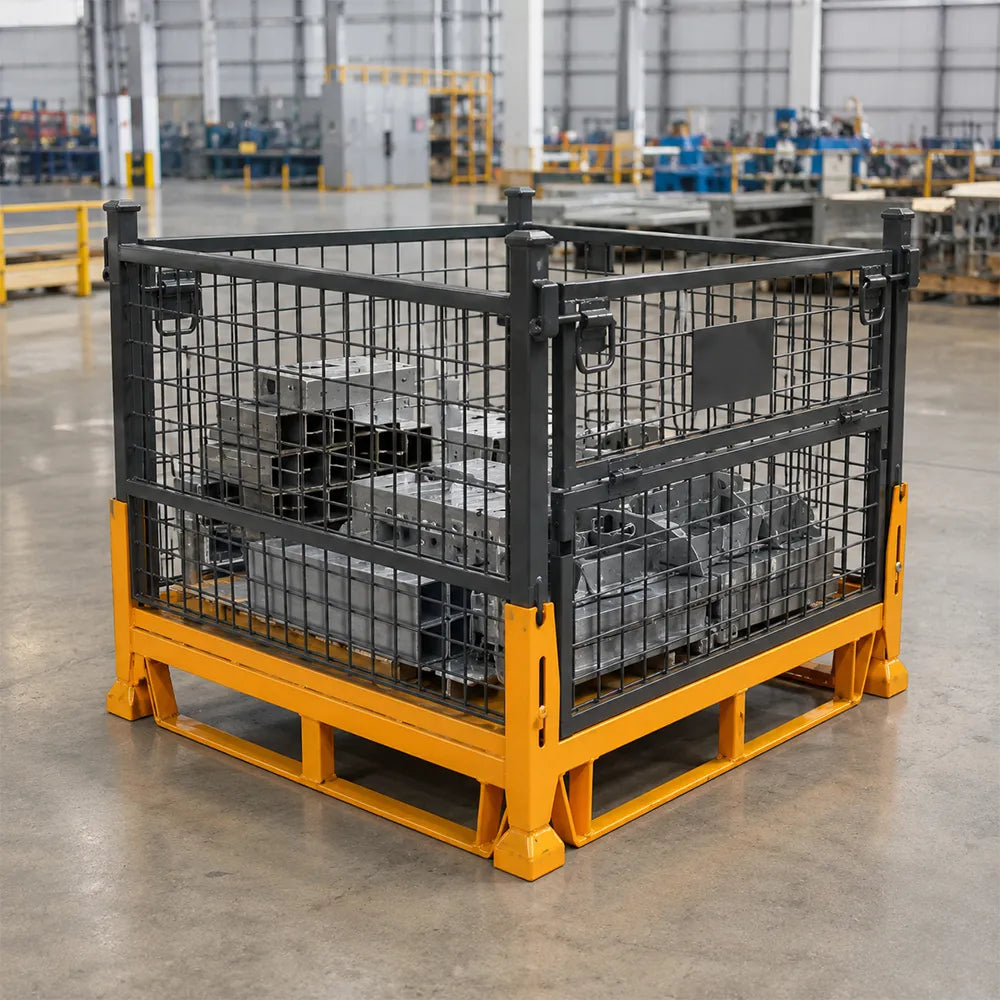 GROVIA Industrial Steel Storage Cage Reinforced Frame High Load Capacity Stackable Design 120cm for Warehouse Manufacturing - Black&Orange