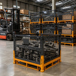 GROVIA Industrial Steel Storage Cage Reinforced Frame High Load Capacity Stackable Design 120cm for Warehouse Manufacturing - Black&Orange
