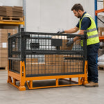 GROVIA Industrial Steel Storage Cage Reinforced Frame High Load Capacity Stackable Design 120cm for Warehouse Manufacturing - Black&Orange