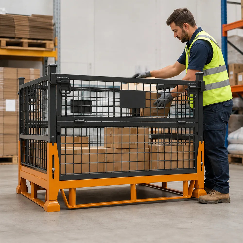 GROVIA Industrial Steel Storage Cage Reinforced Frame High Load Capacity Stackable Design 120cm for Warehouse Manufacturing - Black&Orange