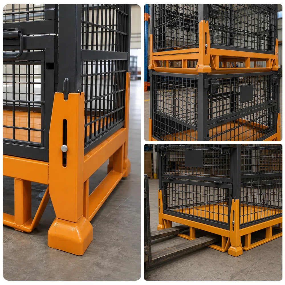 GROVIA Industrial Steel Storage Cage Reinforced Frame High Load Capacity Stackable Design 120cm for Warehouse Manufacturing - Black&Orange