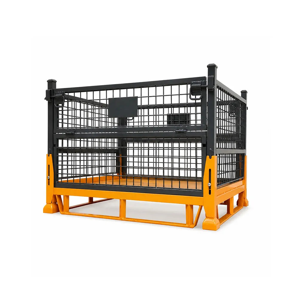 GROVIA Industrial Steel Storage Cage Reinforced Frame High Load Capacity Stackable Design 120cm for Warehouse Manufacturing - Black&Orange