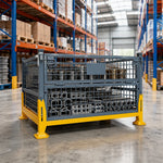 GROVIA Industrial Steel Storage Cage Reinforced Frame High Load Capacity Stackable Design 120cm for Warehouse Manufacturing - Grey&Yellow