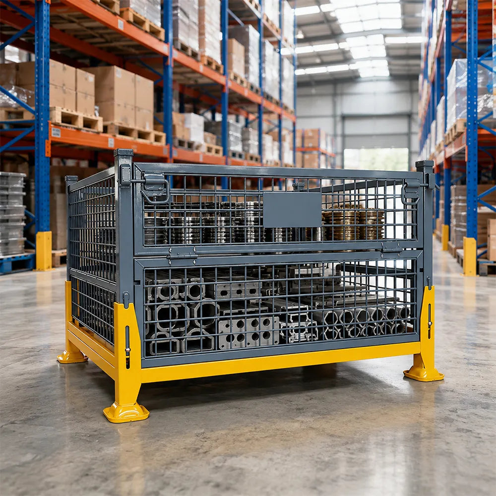 GROVIA Industrial Steel Storage Cage Reinforced Frame High Load Capacity Stackable Design 120cm for Warehouse Manufacturing - Grey&Yellow