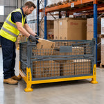 GROVIA Industrial Steel Storage Cage Reinforced Frame High Load Capacity Stackable Design 120cm for Warehouse Manufacturing - Grey&Yellow