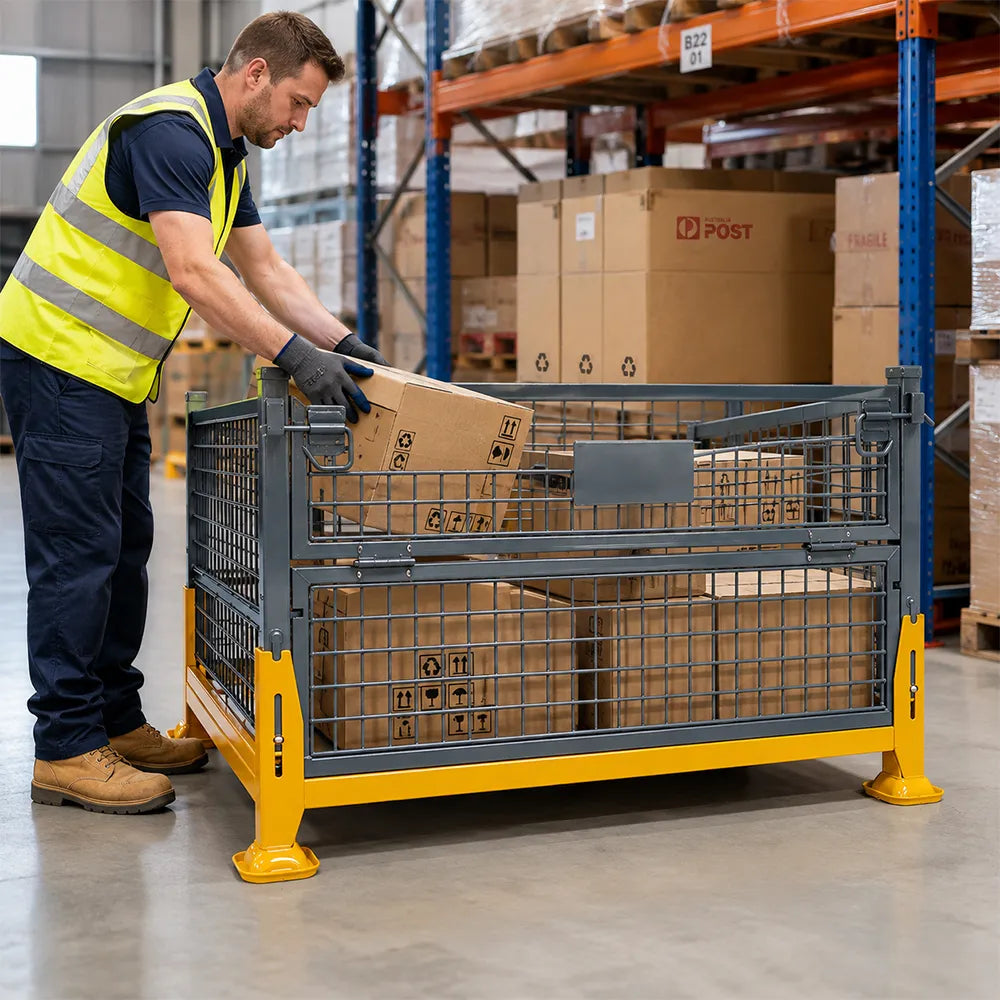 GROVIA Industrial Steel Storage Cage Reinforced Frame High Load Capacity Stackable Design 120cm for Warehouse Manufacturing - Grey&Yellow