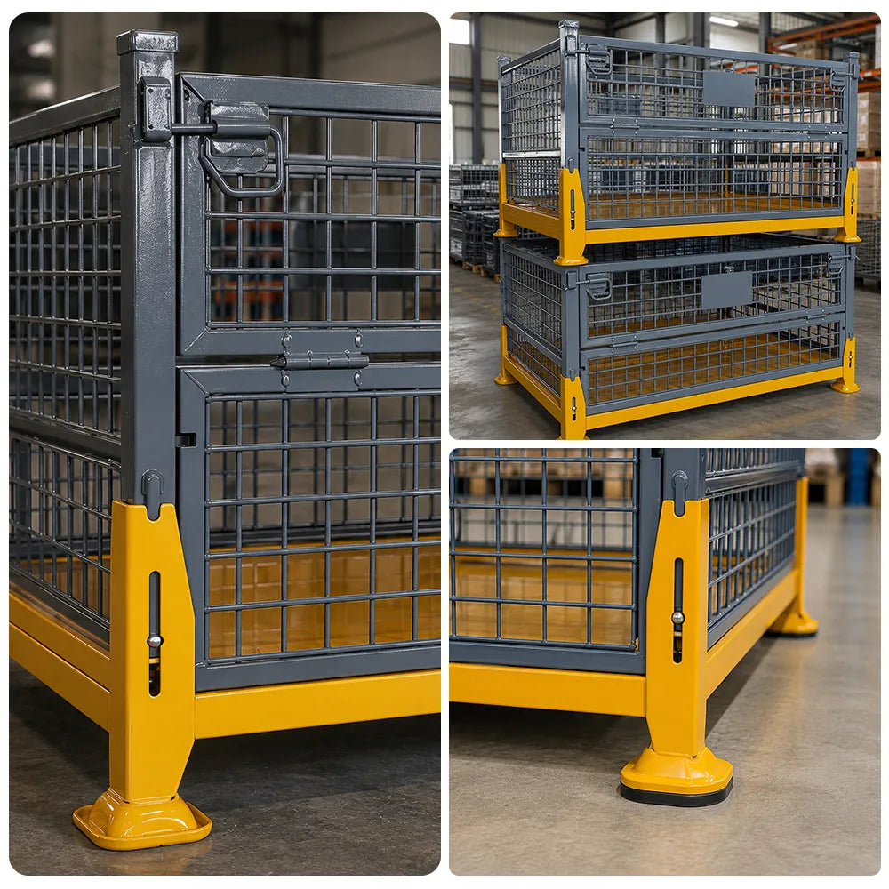 GROVIA Industrial Steel Storage Cage Reinforced Frame High Load Capacity Stackable Design 120cm for Warehouse Manufacturing - Grey&Yellow
