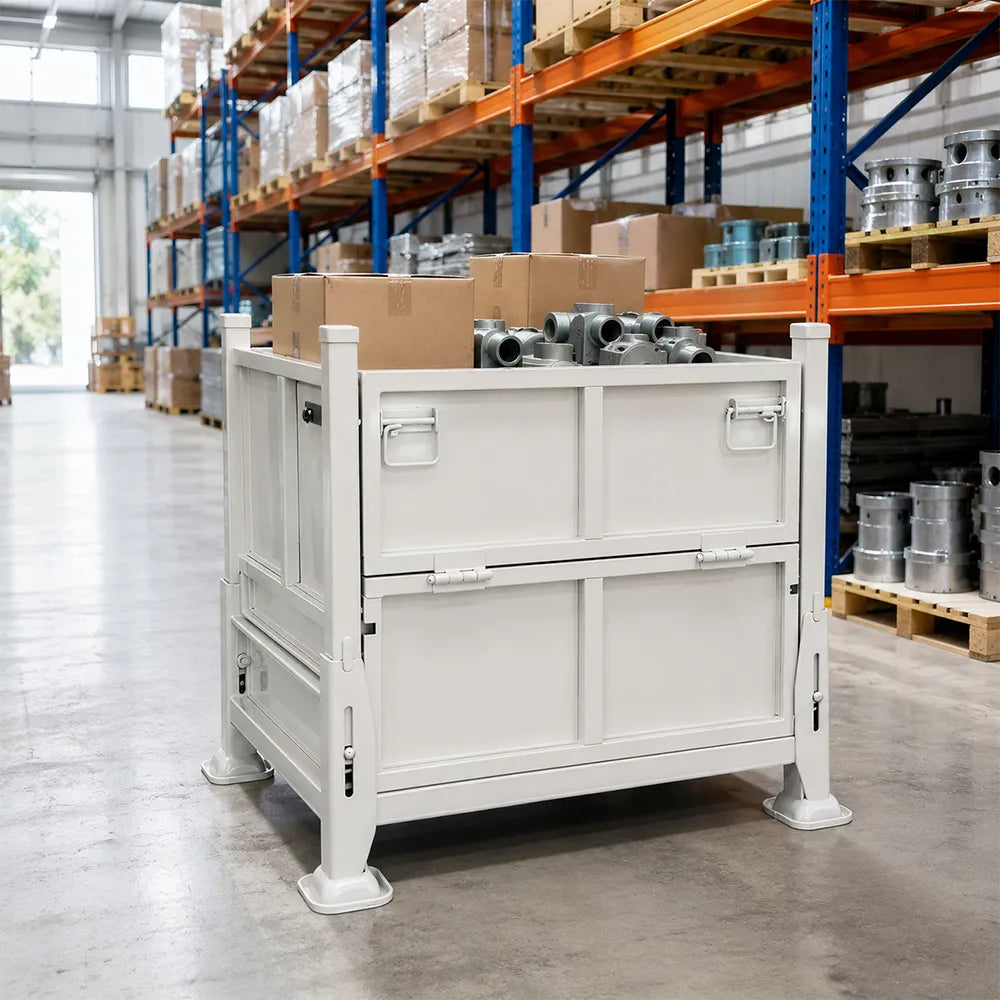 GROVIA Industrial Steel Storage Cage Reinforced Frame High Load Capacity Stackable Design 80cm for Warehouse Manufacturing - White