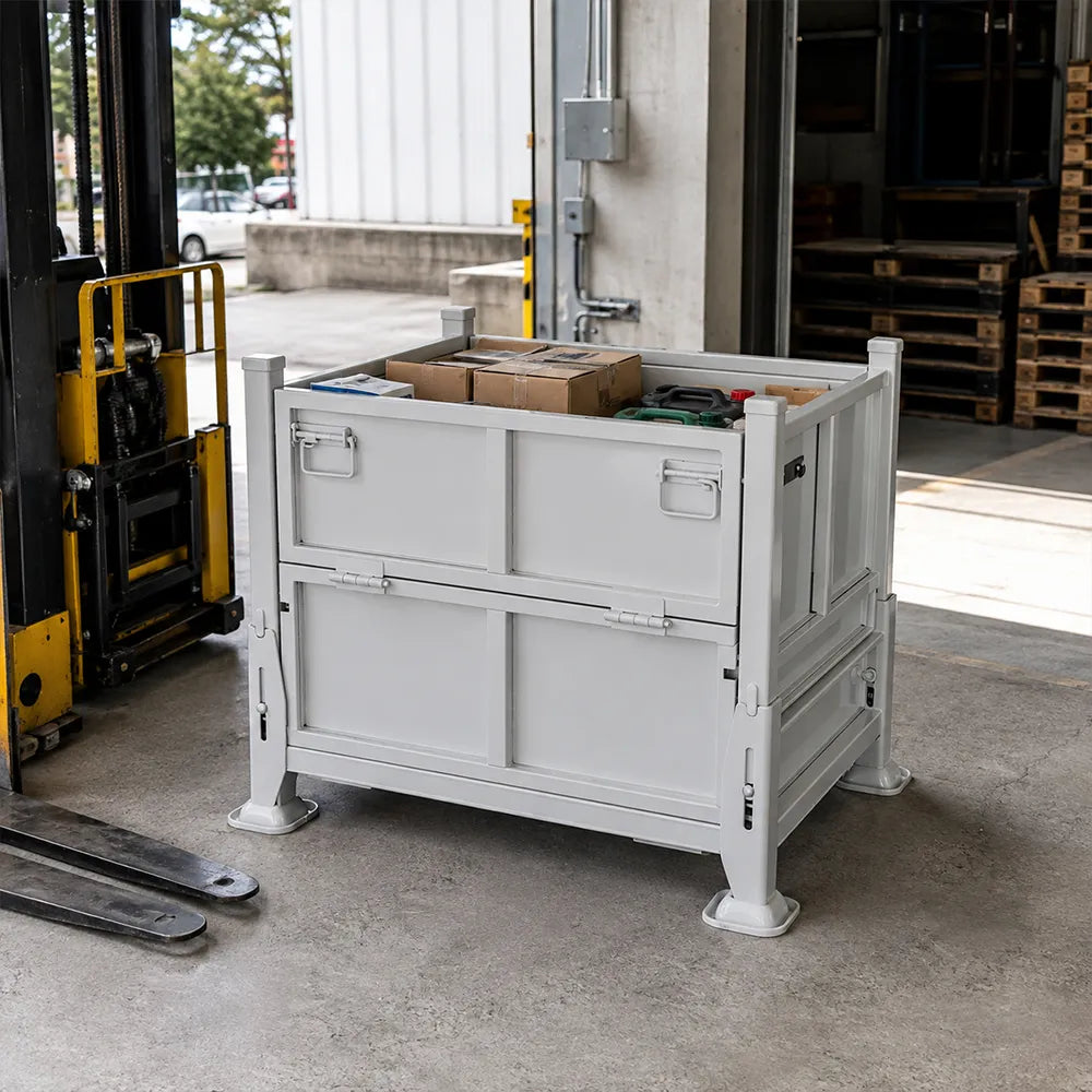 GROVIA Industrial Steel Storage Cage Reinforced Frame High Load Capacity Stackable Design 80cm for Warehouse Manufacturing - White