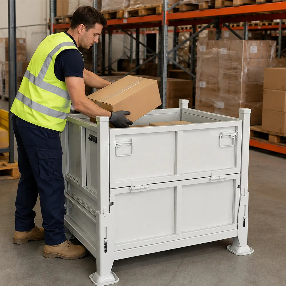GROVIA Industrial Steel Storage Cage Reinforced Frame High Load Capacity Stackable Design 80cm for Warehouse Manufacturing - White