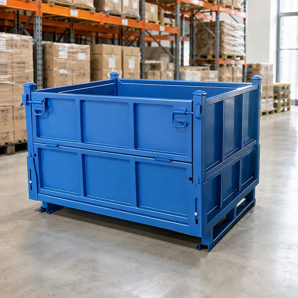 GROVIA Industrial Steel Storage Cage Reinforced Frame High Load Capacity Stackable Design 100cm for Warehouse Manufacturing - Blue