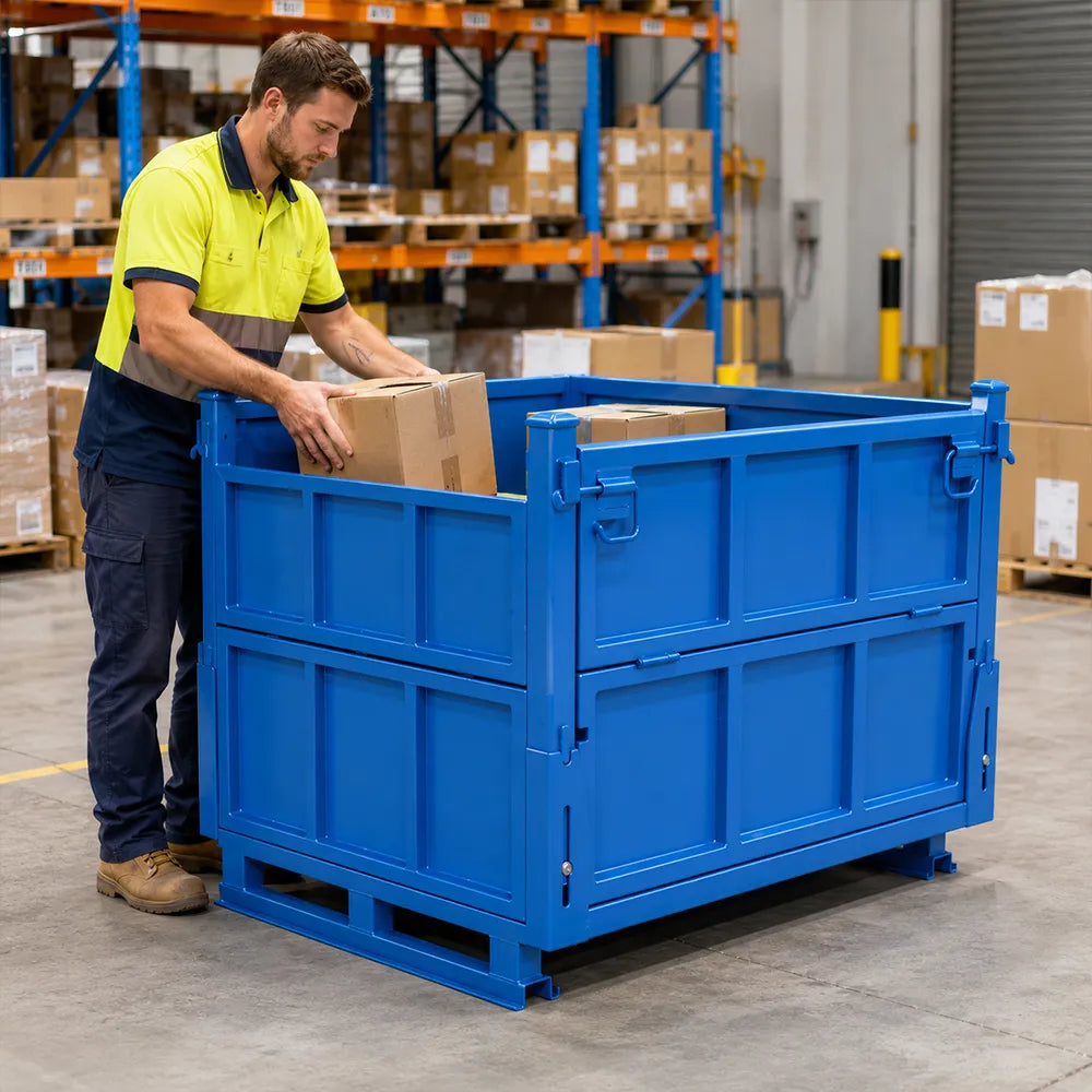GROVIA Industrial Steel Storage Cage Reinforced Frame High Load Capacity Stackable Design 100cm for Warehouse Manufacturing - Blue