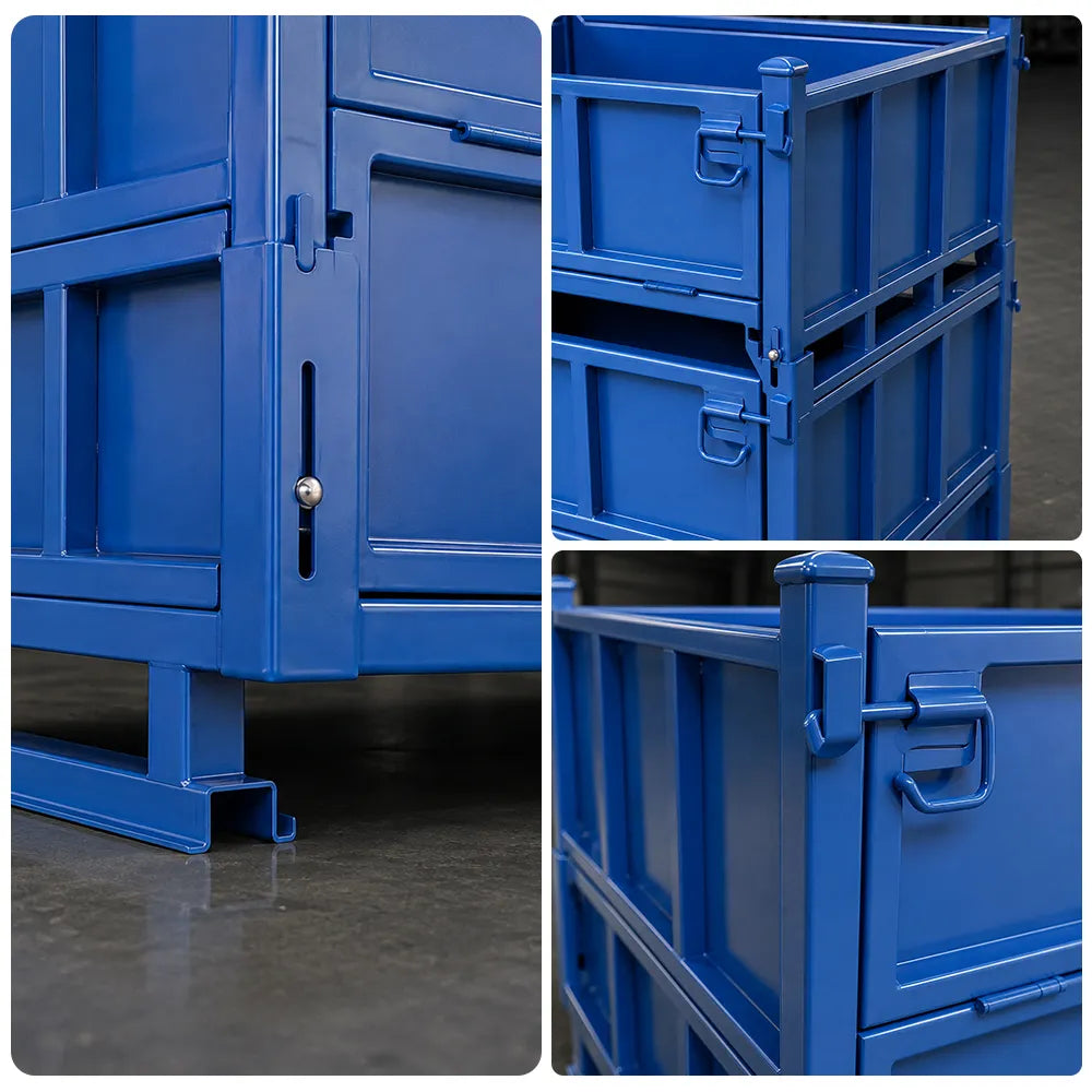 GROVIA Industrial Steel Storage Cage Reinforced Frame High Load Capacity Stackable Design 100cm for Warehouse Manufacturing - Blue